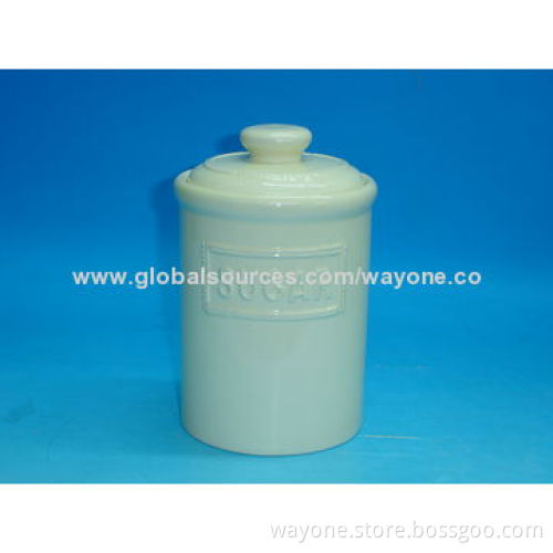Ceramic sugar jar with embossed words,food-safe,easy to take care, for tea/coffee/biscuit storage